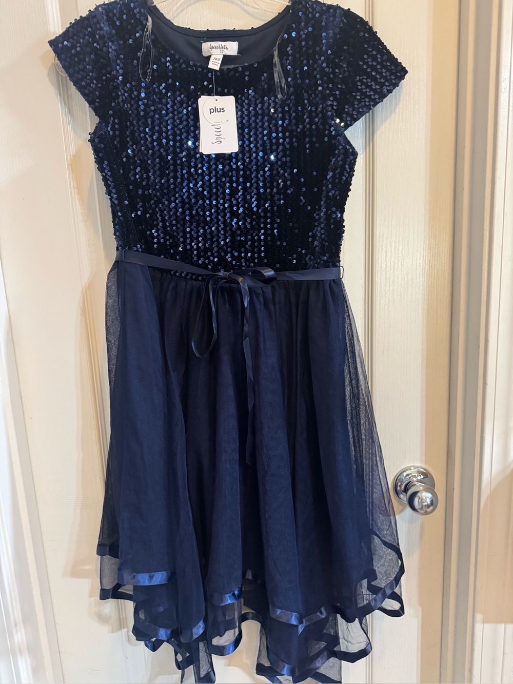 Speechless Girls Navy Sequin & Tulle Party Dress with Ribbon Waist